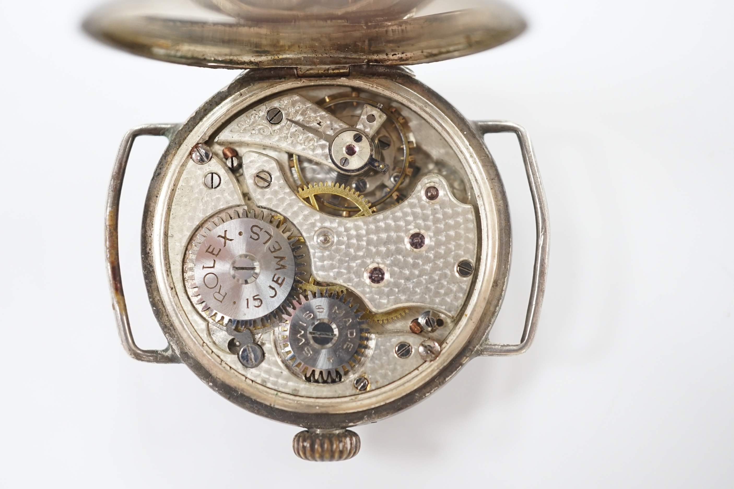 A WWI Rolex silver manual wind wristwatch, case hallmarked for 1916, case diameter 34mm, no strap.